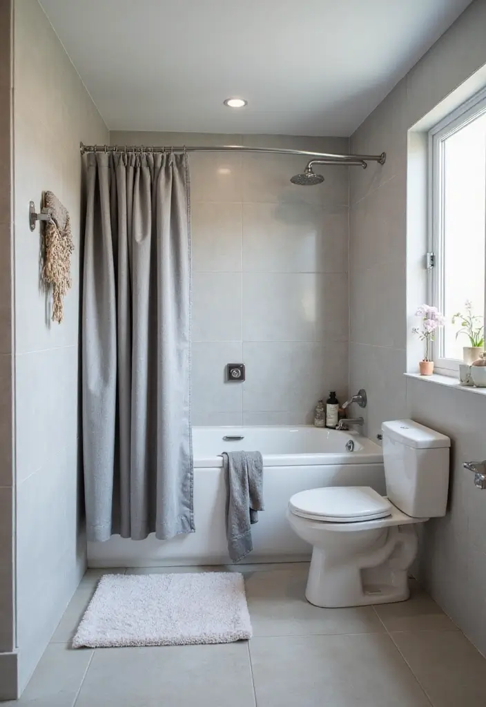 27 Bathroom Ideas Grey And White Combinations That Work - 12. Grey Shower Curtains