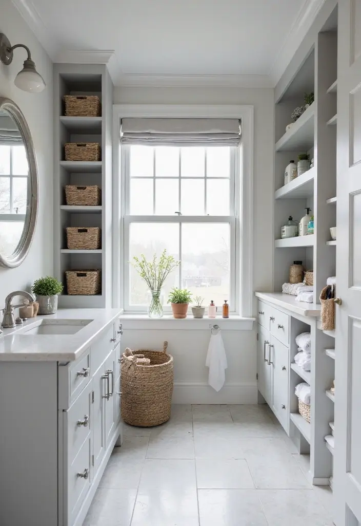 27 Bathroom Ideas Grey And White Combinations That Work - 15. Minimalist Storage Solutions