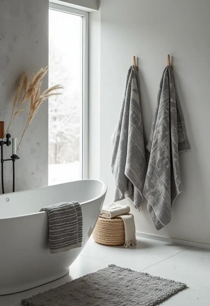 27 Bathroom Ideas Grey And White Combinations That Work - 16. Unique Grey and White Textiles