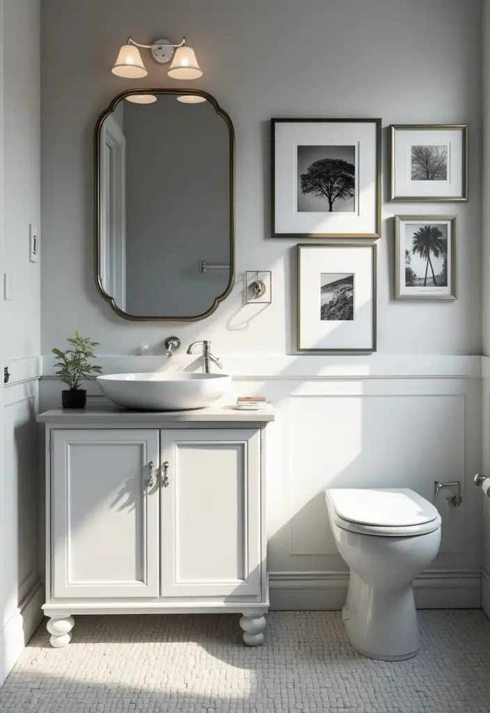 27 Bathroom Ideas Grey And White Combinations That Work - 2. Monochromatic Wall Art