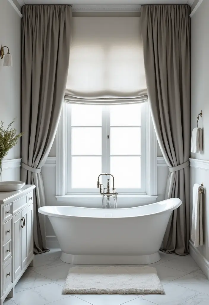 27 Bathroom Ideas Grey And White Combinations That Work - 25. Decorative Grey and White Window Treatments