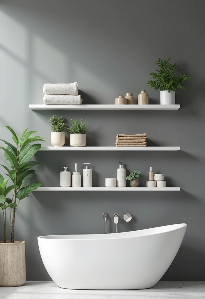 27 Bathroom Ideas Grey And White Combinations That Work - 5. Floating Shelves