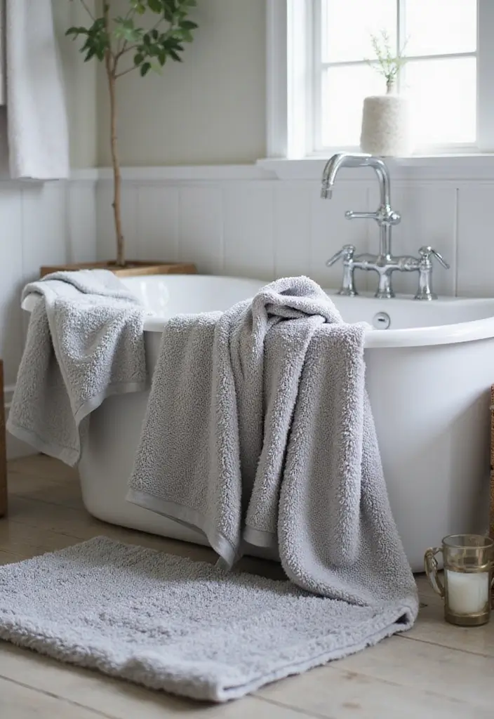 27 Bathroom Ideas Grey And White Combinations That Work - 9. Soft Grey Linens