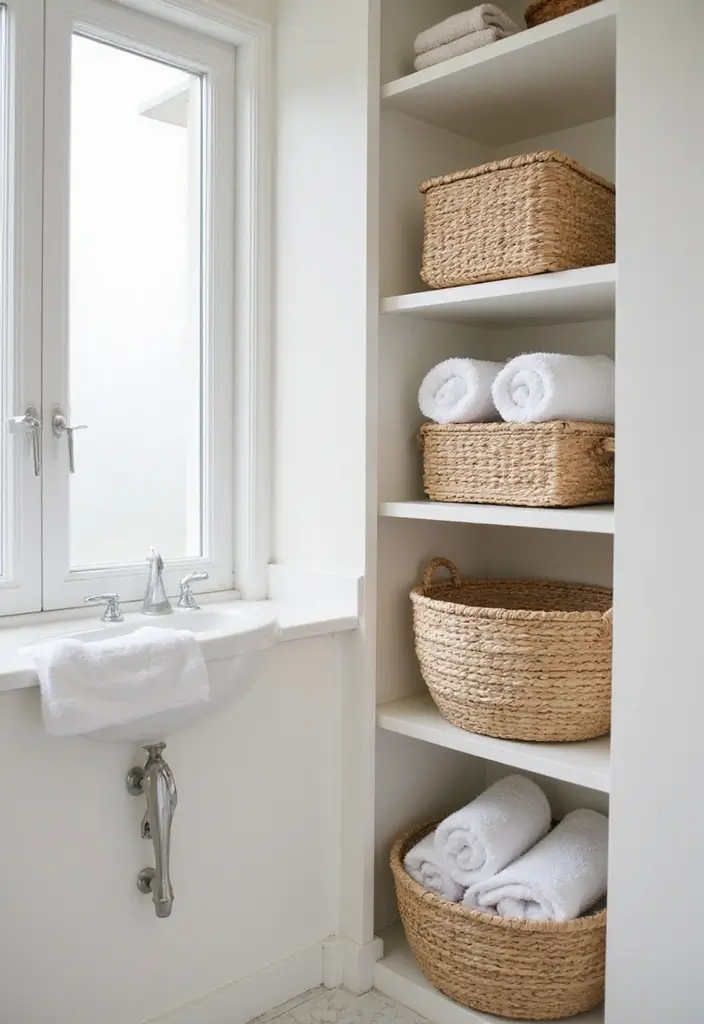 27 Bathroom Ideas Towels That Double As Decor - 18. Minimalist Basket Storage