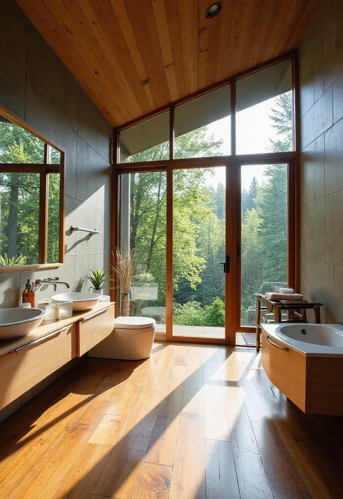 27 Bathroom Ideas Wood Floor Style And Function - 11. Open Concept with Floor-to-Ceiling Windows