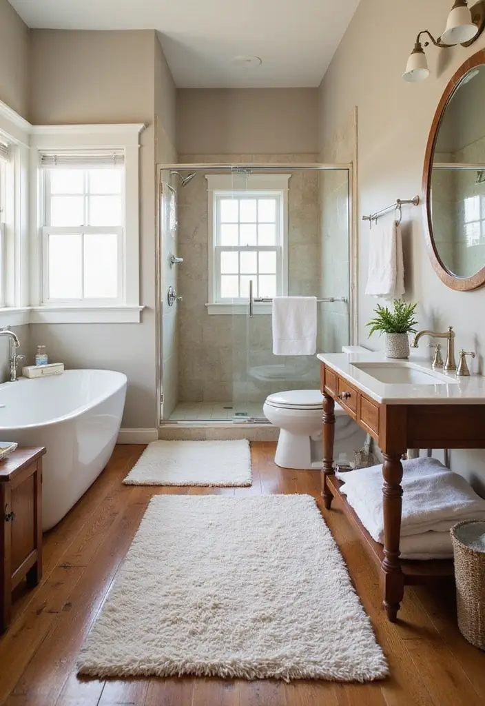 27 Bathroom Ideas Wood Floor Style And Function - 14. Layered Textures with Rugs