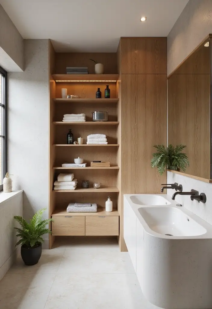 27 Bathroom Ideas Wood Floor Style And Function - 15. Integrated Storage Solutions