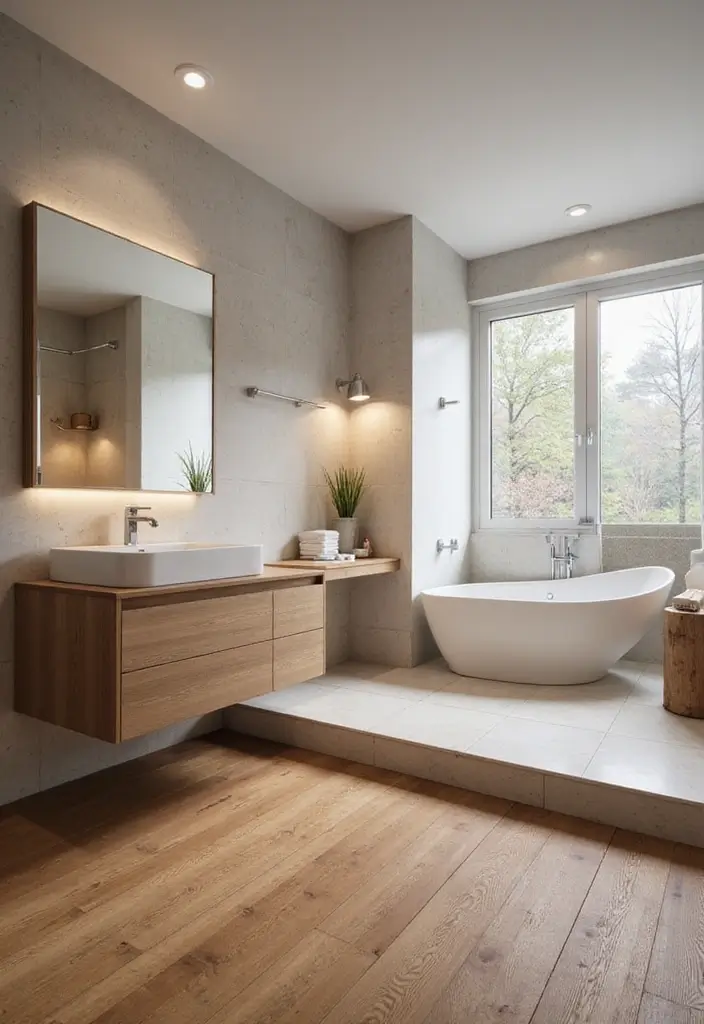 27 Bathroom Ideas Wood Floor Style And Function - 16. Floating Vanities to Elevate the Space