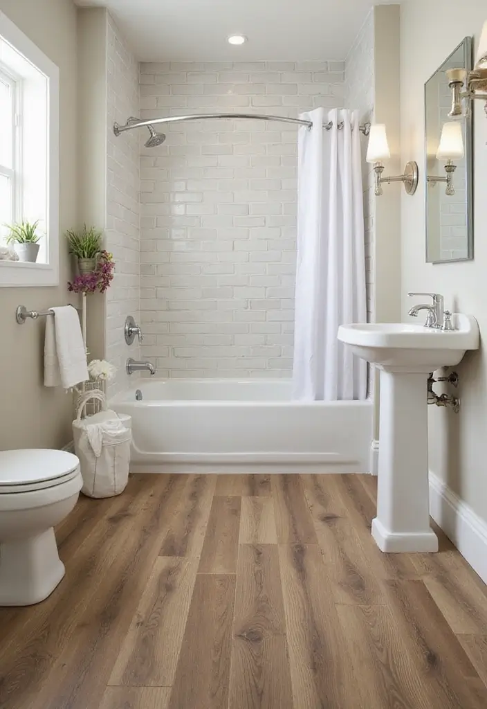 27 Bathroom Ideas Wood Floor Style And Function - 19. Low-Maintenance Faux Wood Flooring