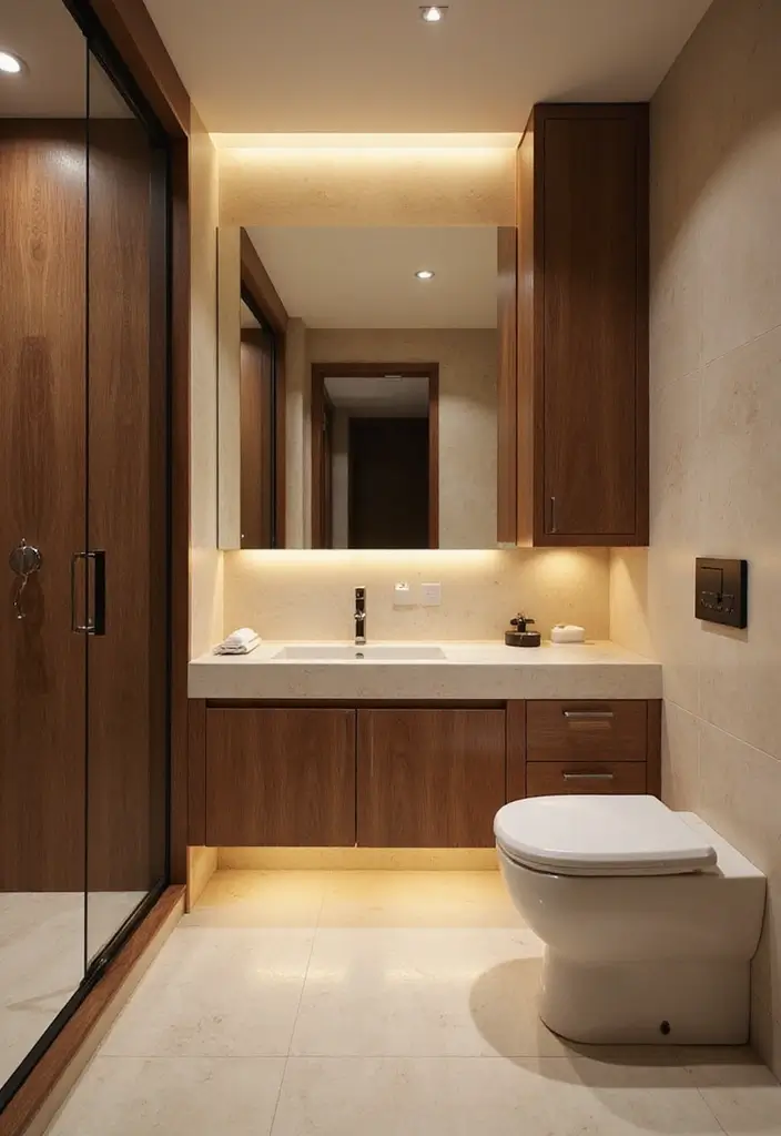27 Bathroom Ideas Wood Floor Style And Function - 24. Integrated Lighting with Wood Accents