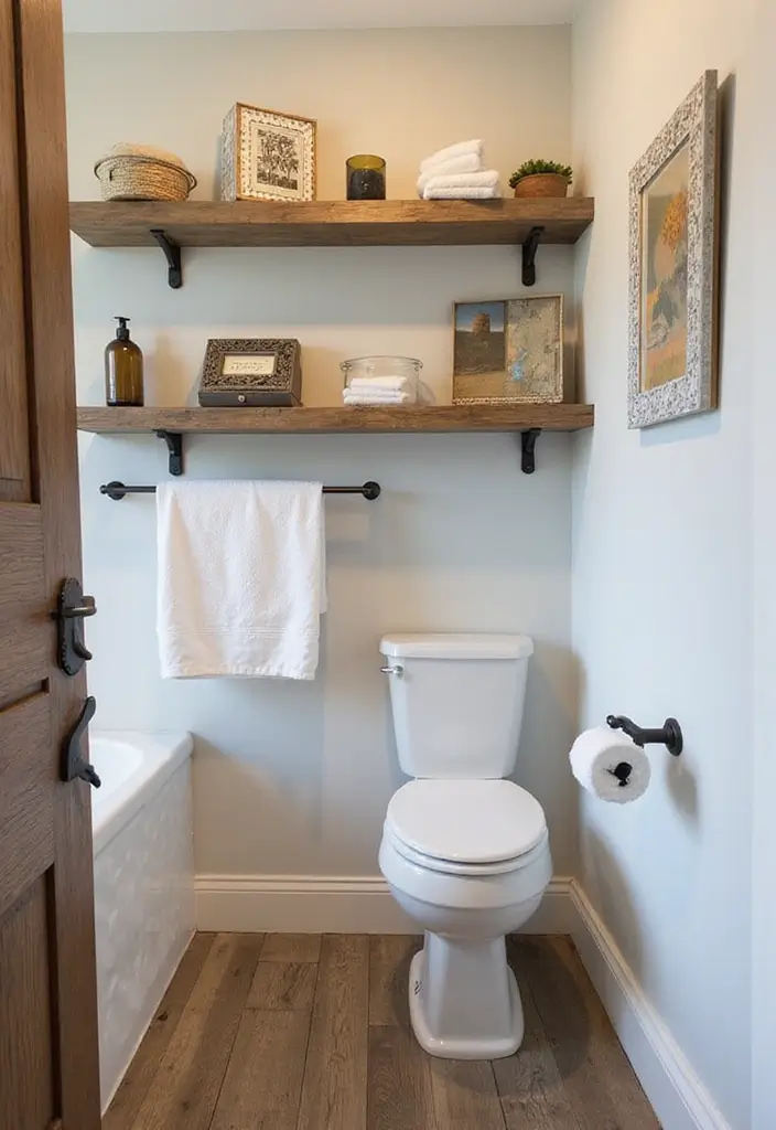 27 Bathroom Ideas Wood Floor Style And Function - 25. Open Shelving with Rustic Finishes