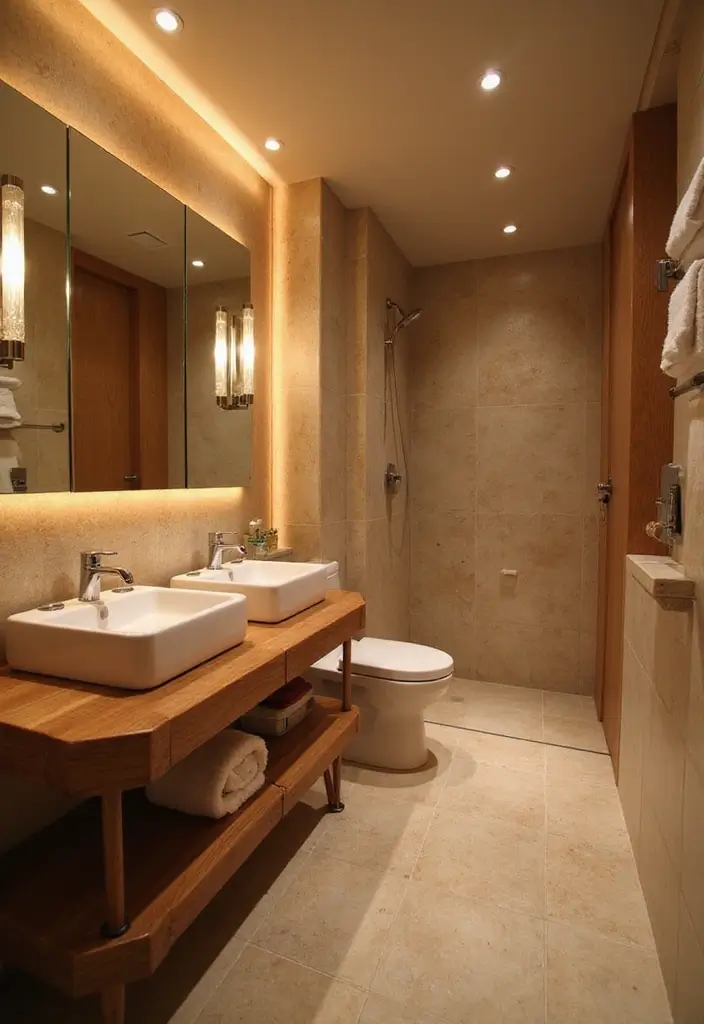 27 Bathroom Ideas Wood Floor Style And Function - 26. Layered Lighting for Mood and Style