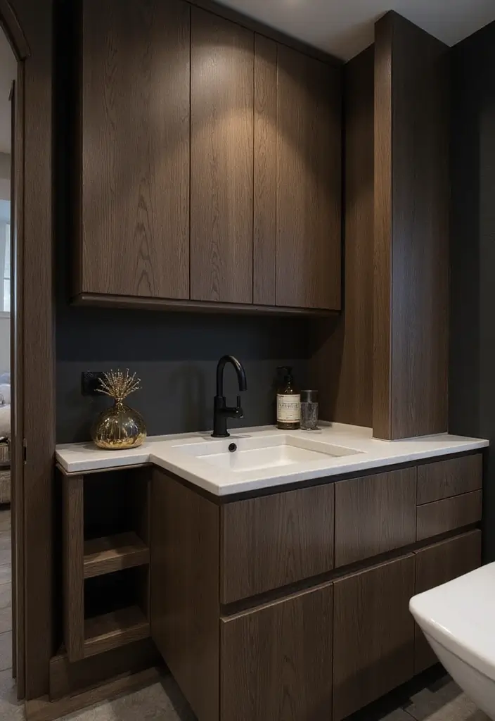 27 Black And Wood Bathroom Designs That Balance Warmth - 1. Dark Wood Accents with Black Fixtures