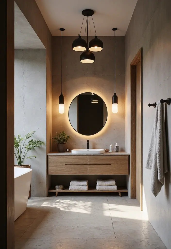 27 Black And Wood Bathroom Designs That Balance Warmth - 12. Statement Lighting in Black and Wood