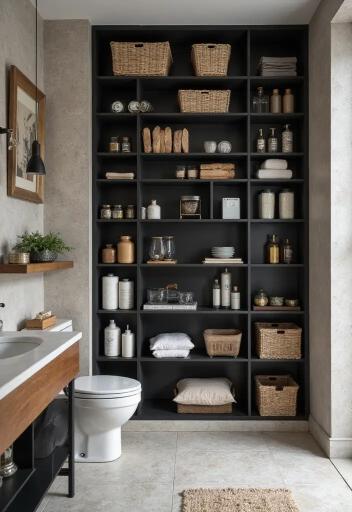 27 Black And Wood Bathroom Designs That Balance Warmth - 19. Creative Storage Solutions with Black and Wood