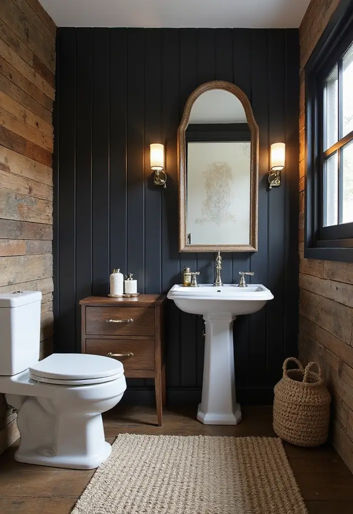 27 Black And Wood Bathroom Designs That Balance Warmth - 23. Blending Styles with Black and Wood