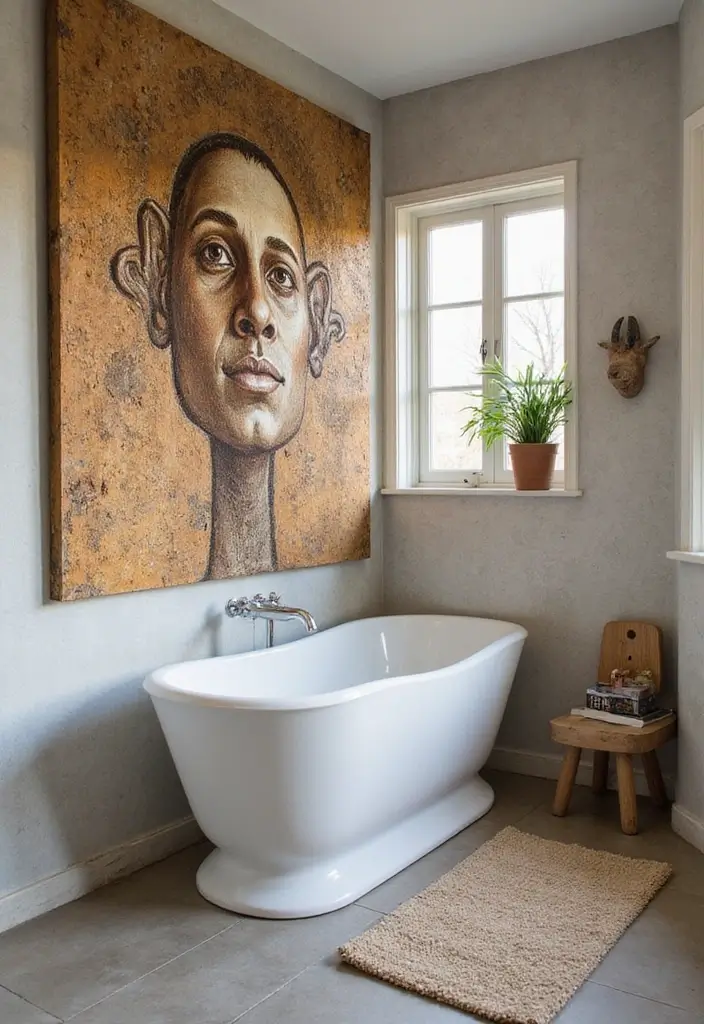 27 Black And Wood Bathroom Designs That Balance Warmth - 24. Artistic Touches in Black and Wood