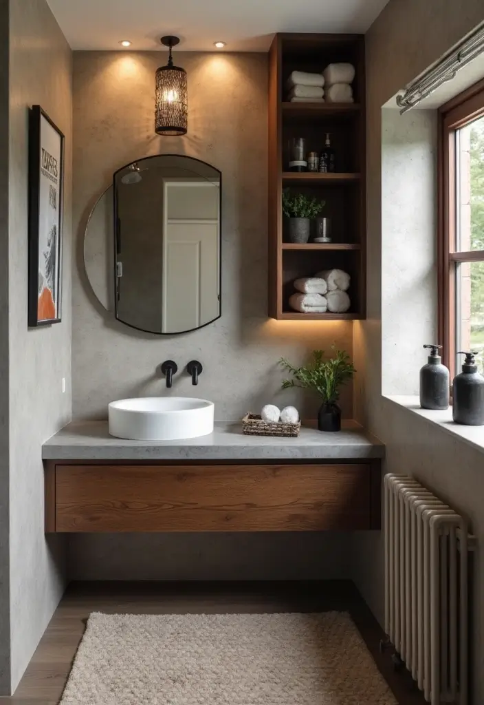 27 Black And Wood Bathroom Designs That Balance Warmth - 4. Black and Wood in Small Spaces