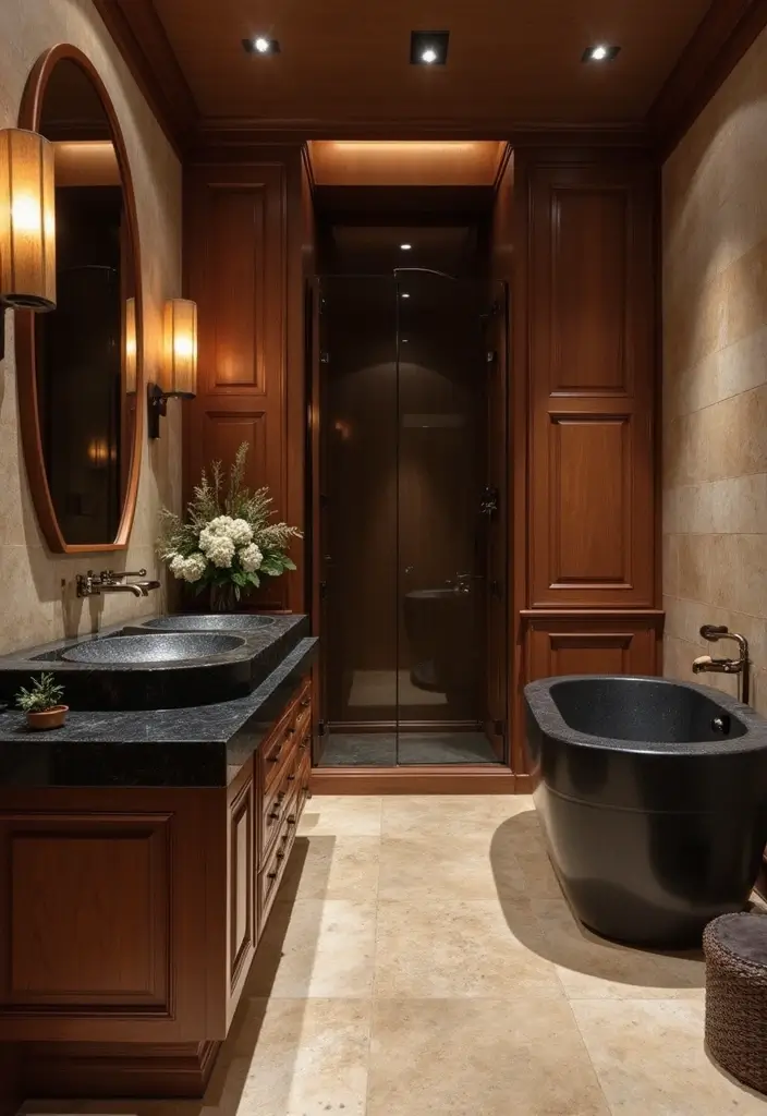 27 Black And Wood Bathroom Designs That Balance Warmth - 5. Luxurious Black and Wood Spa Vibe