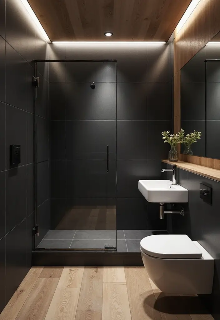27 Black And Wood Bathroom Designs That Balance Warmth - 6. Black Tile and Wood Combination