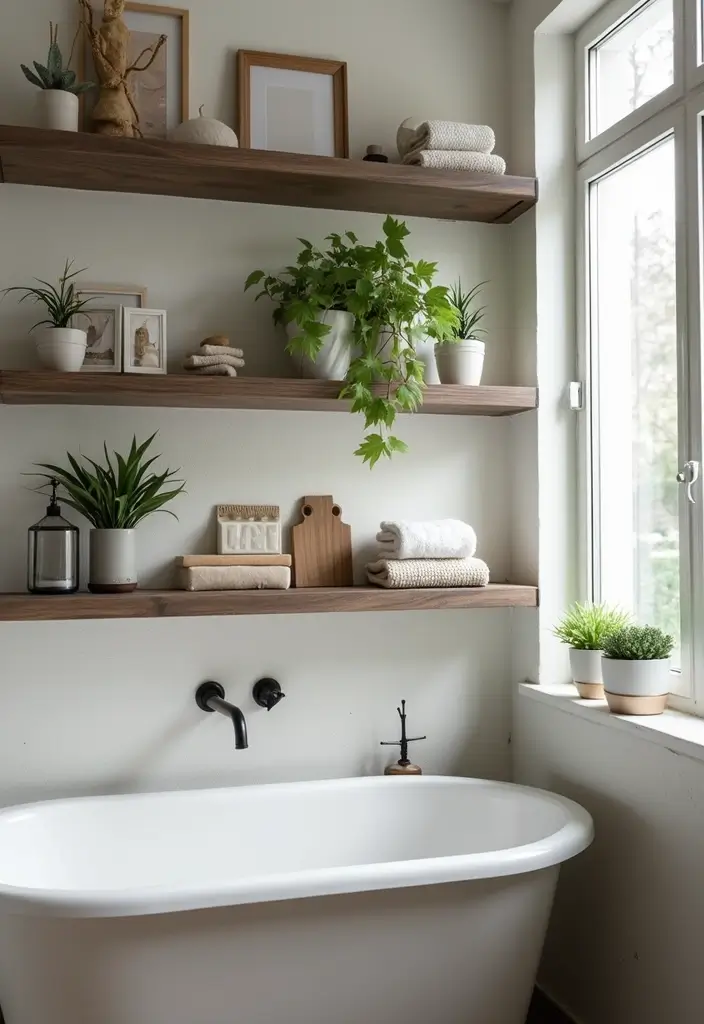 27 Black And Wood Bathroom Designs That Balance Warmth - 7. Open Shelving for Black and Wood