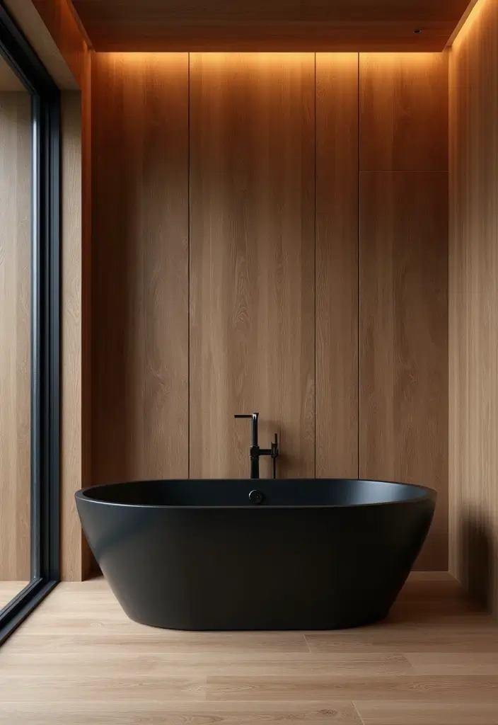 27 Black And Wood Bathroom Designs That Balance Warmth - 9. Black Accented Bathtub with Wood Surround