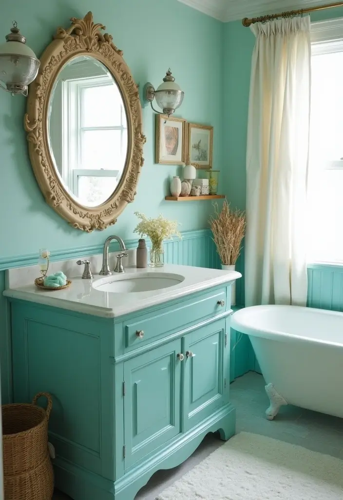 27 Colored Bathroom Vanity Ideas That Pop - 1. Classic Turquoise Charm