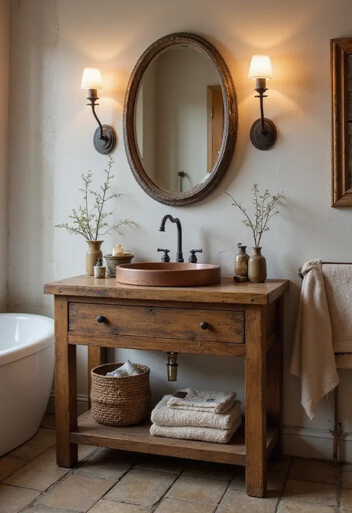 27 Colored Bathroom Vanity Ideas That Pop - 10. Rustic Copper Accents