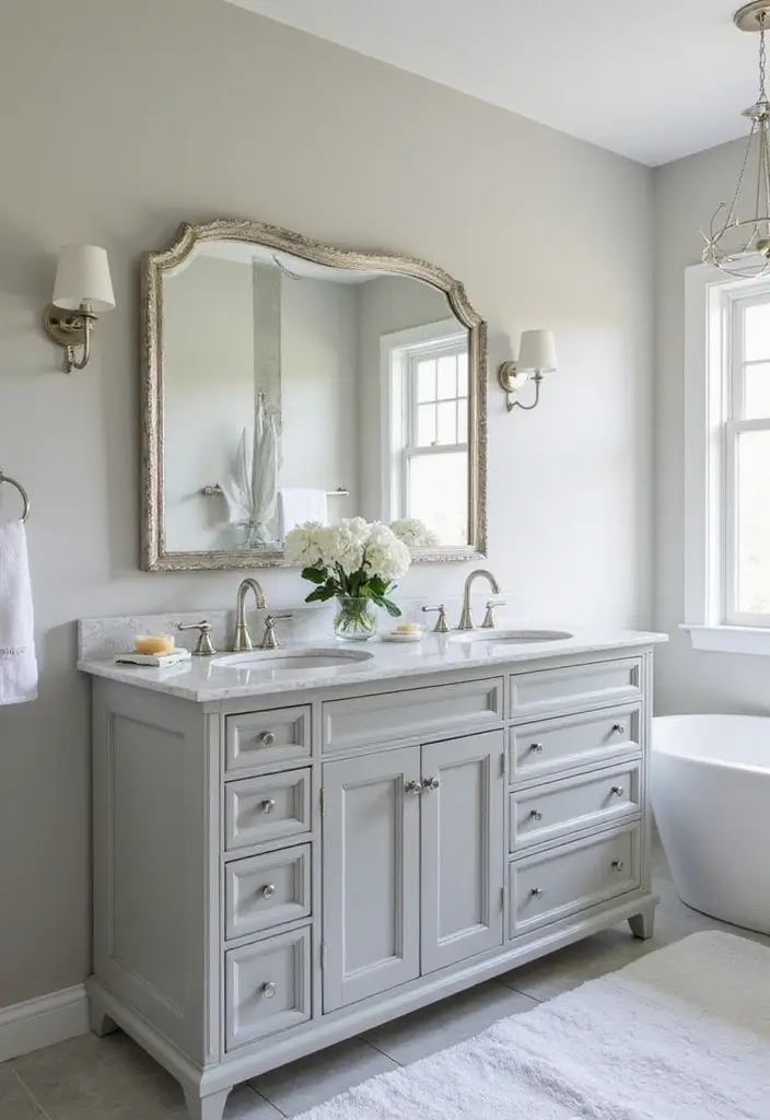 27 Colored Bathroom Vanity Ideas That Pop - 14. Soft Gray Serenity