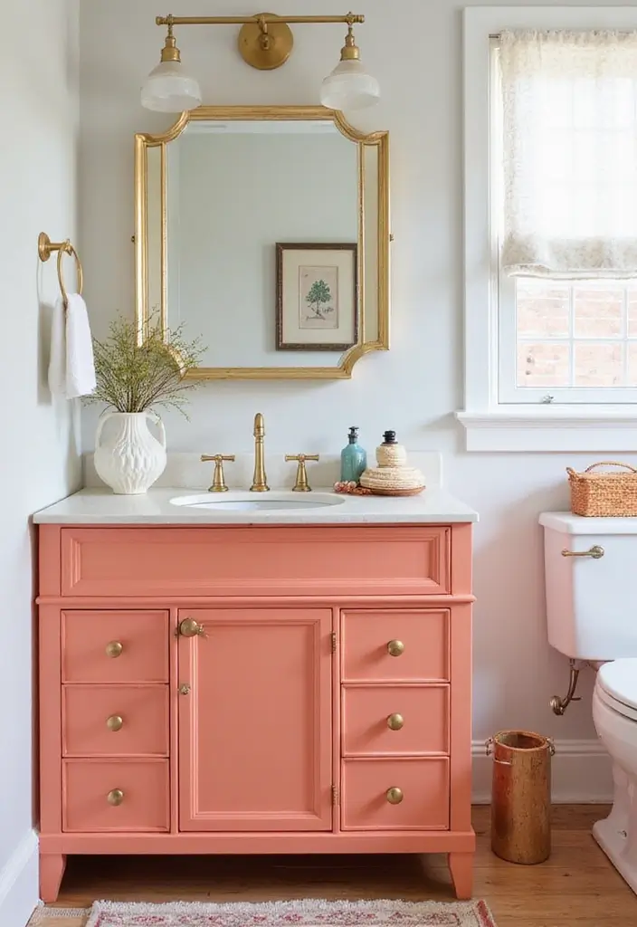 27 Colored Bathroom Vanity Ideas That Pop - 17. Bright Coral Vibe