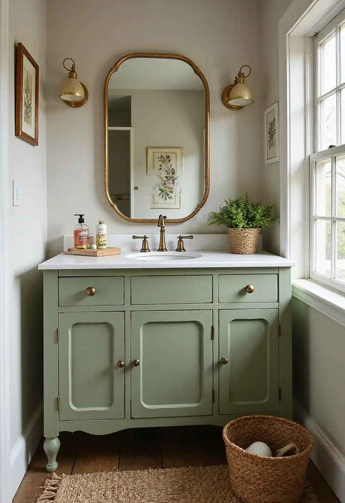 27 Colored Bathroom Vanity Ideas That Pop - 18. Vintage-inspired Olive Green