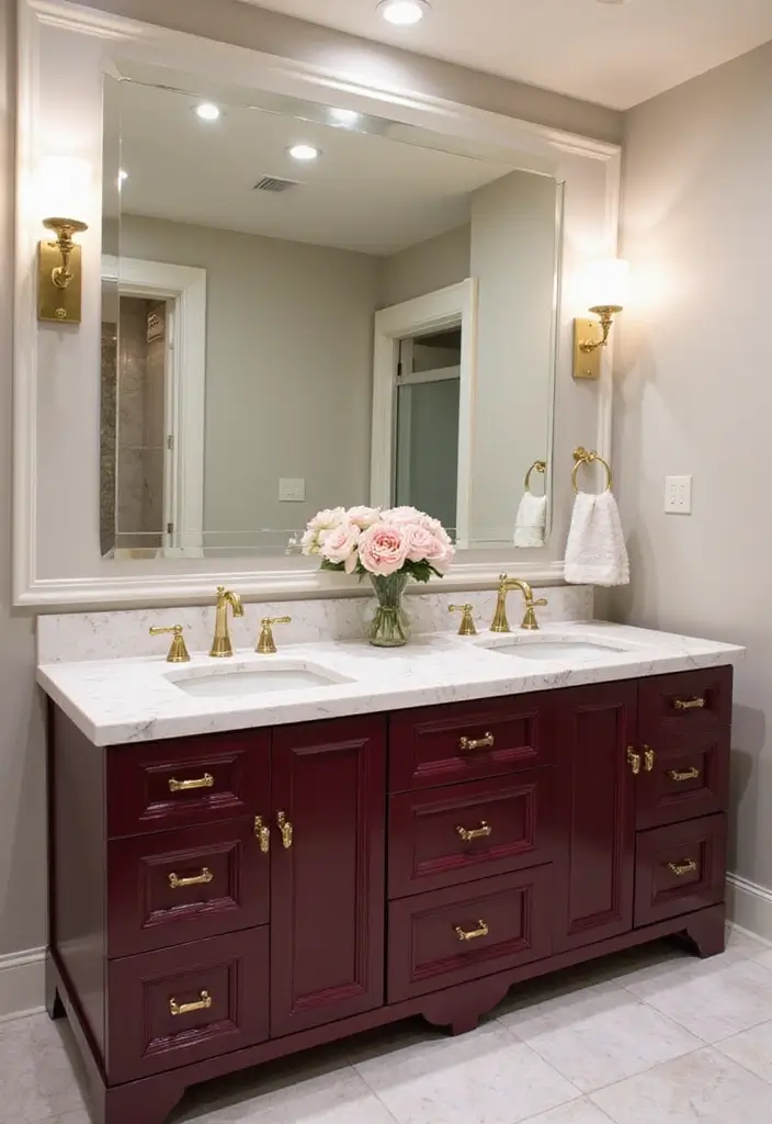 27 Colored Bathroom Vanity Ideas That Pop - 21. Glossy Burgundy Beauty