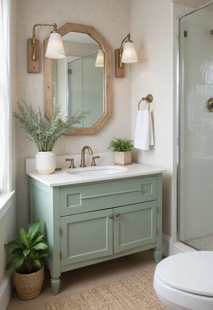 27 Colored Bathroom Vanity Ideas That Pop - 6. Earthy Sage Green Oasis