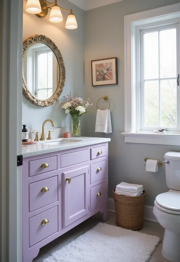 27 Colored Bathroom Vanity Ideas That Pop - 9. Charming Lilac Touch