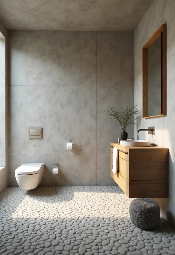 27 Gray Tile Bathroom Designs That Feel Timeless - 2. Soft Gray Pebble Tiles