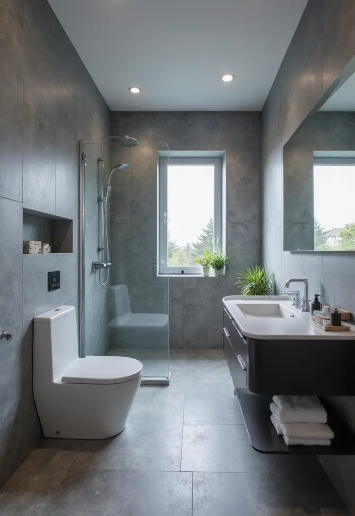 27 Gray Tile Bathroom Designs That Feel Timeless - 22. Gray Tiles and Smart Technology
