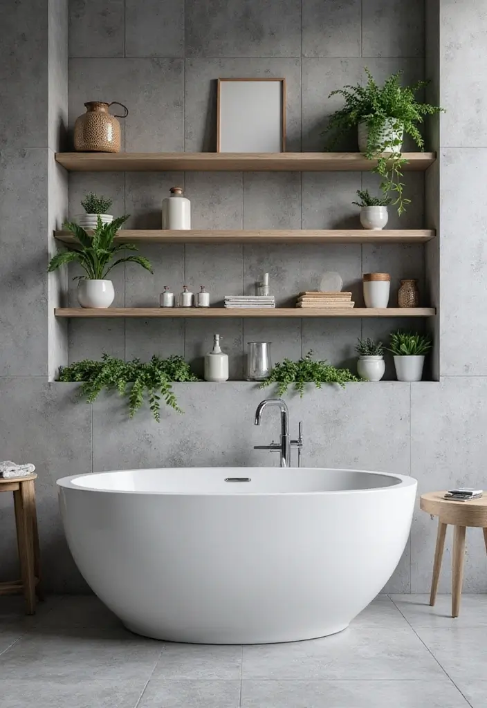 27 Gray Tile Bathroom Designs That Feel Timeless - 25. Gray Tiles with Open Shelving
