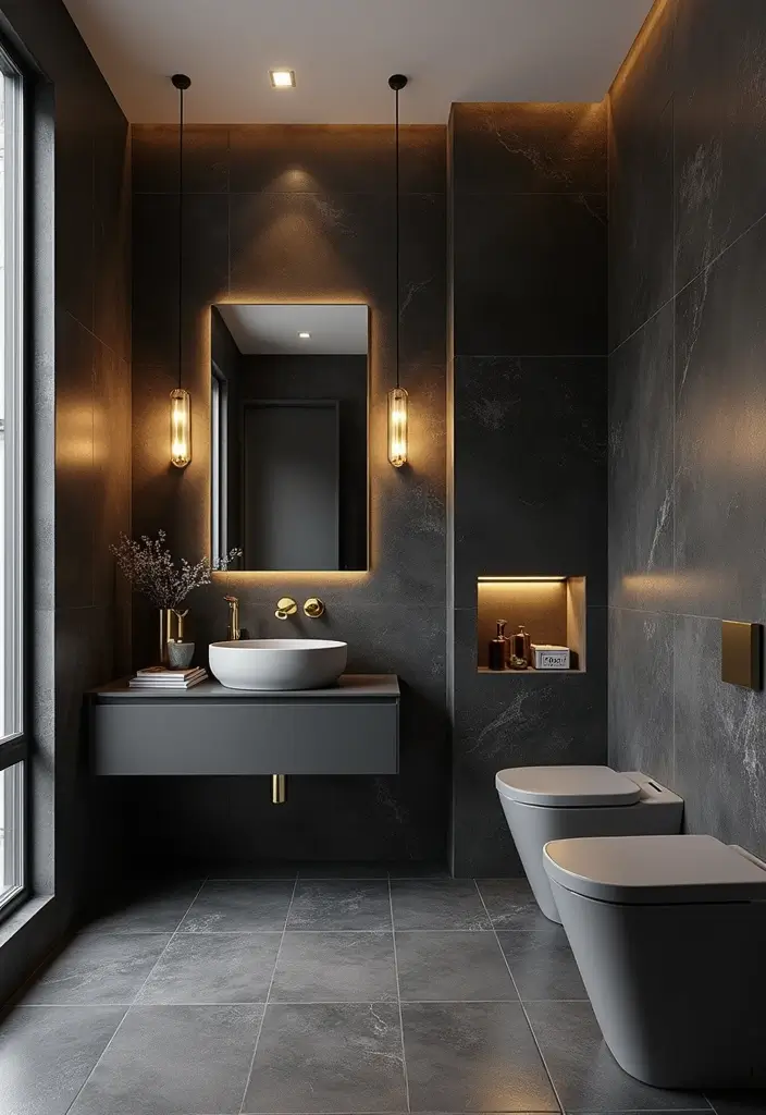 27 Gray Tile Bathroom Designs That Feel Timeless - 3. Bold Dark Gray Slate
