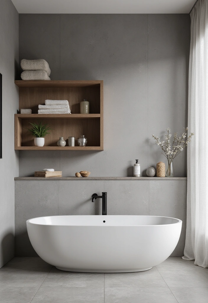 27 Grey And Cream Bathroom Ideas For Neutral Lovers - 16. Minimalist Wooden Accents