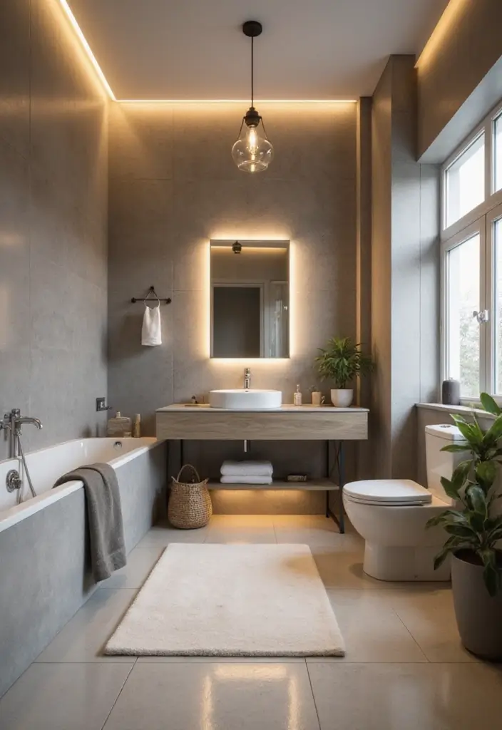 27 Grey And Cream Bathroom Ideas For Neutral Lovers - 24. Soft Ambient Lighting