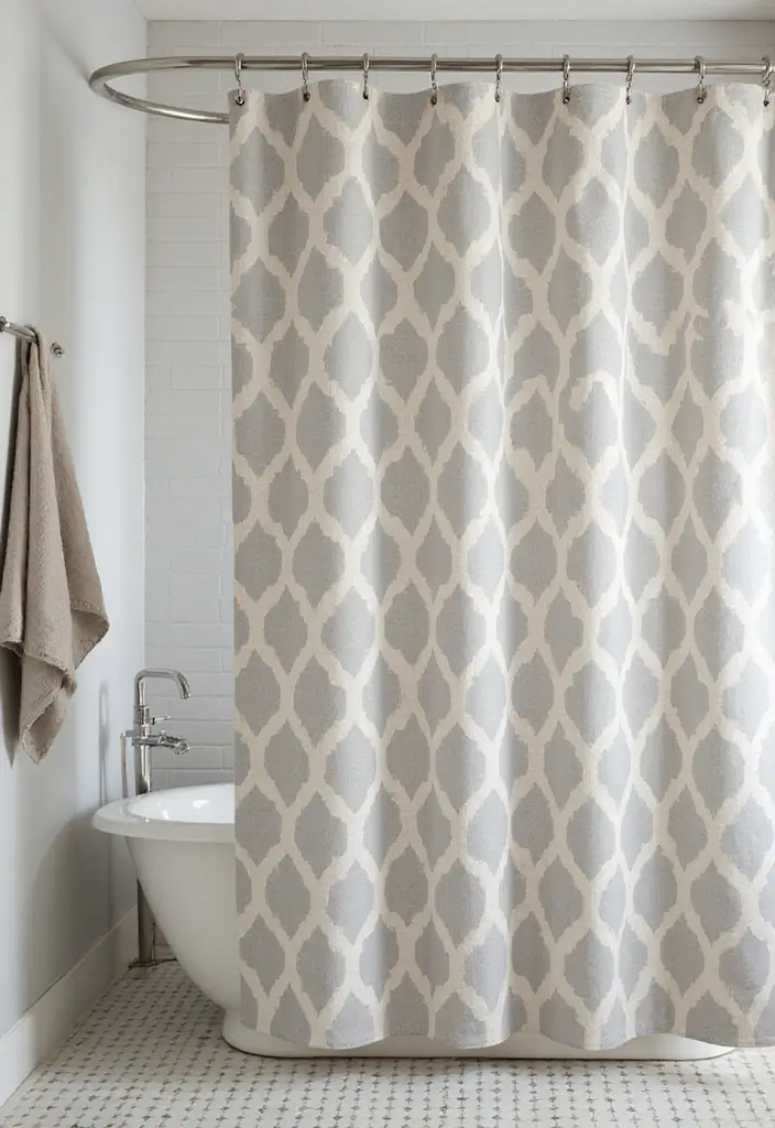 27 Grey And Cream Bathroom Ideas For Neutral Lovers - 7. Statement Shower Curtains