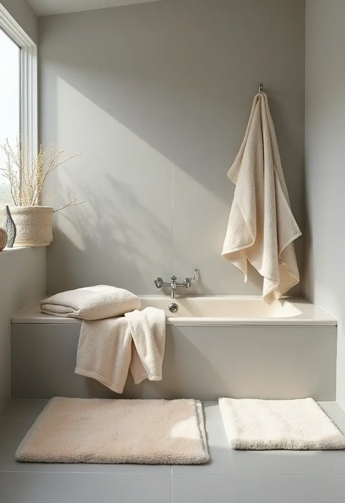 27 Grey And Cream Bathroom Ideas For Neutral Lovers - 8. Soft Textiles for Cozy Comfort
