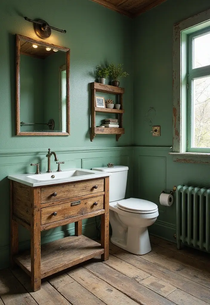 27 Jade Green Bathroom Ideas That Calm The Mind - 12. Rustic Green Charm