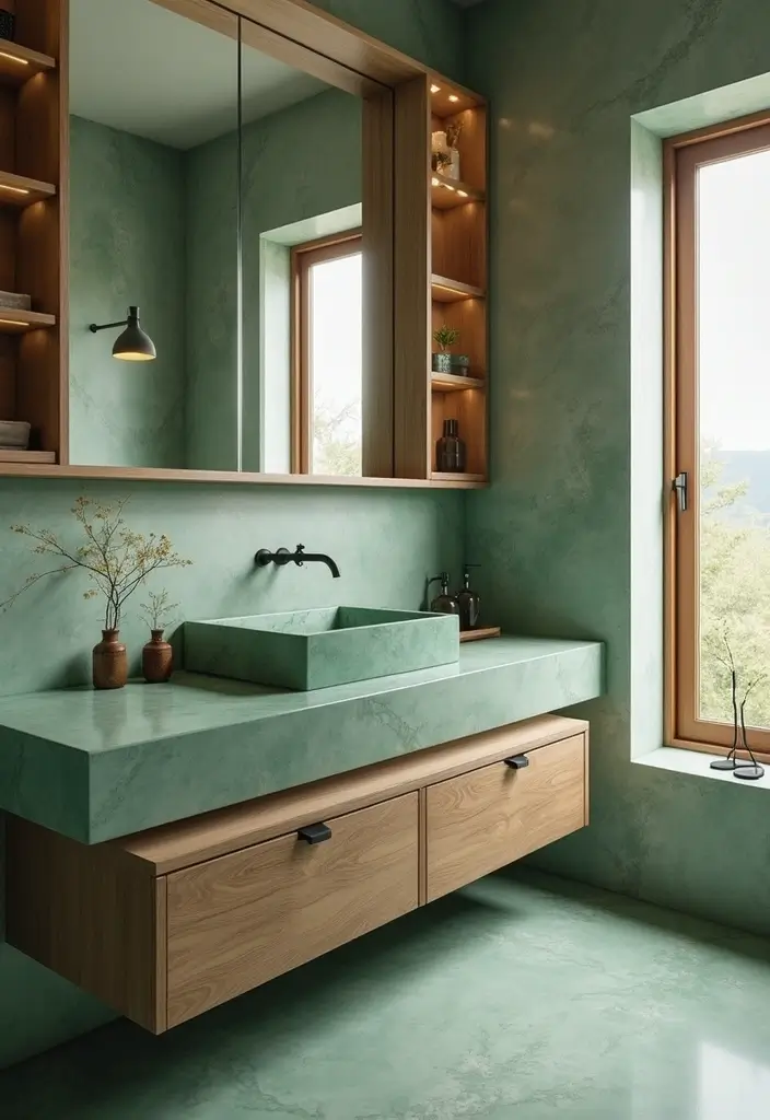 27 Jade Green Bathroom Ideas That Calm The Mind - 18. Jade Green Countertops