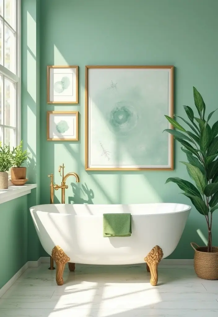 27 Jade Green Bathroom Ideas That Calm The Mind - 20. Artful Wall Décor