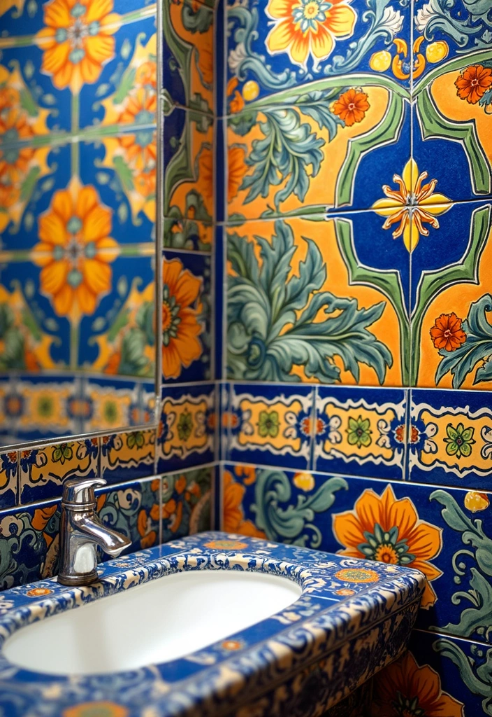 27 Mexican Style Bathroom Ideas Full Of Color - 1. Bold Talavera Tiles