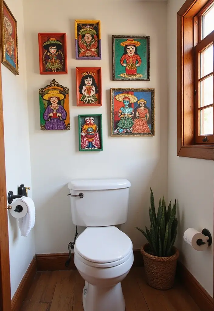 27 Mexican Style Bathroom Ideas Full Of Color - 16. Colorful Wall Art