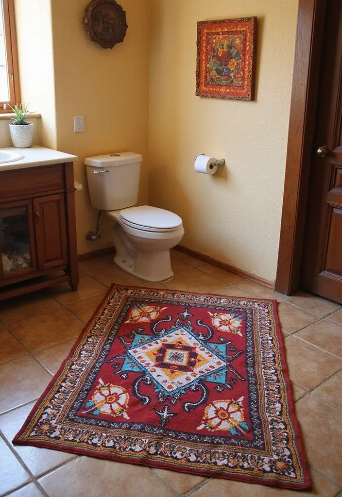 27 Mexican Style Bathroom Ideas Full Of Color - 17. Intricate Bathroom Rugs