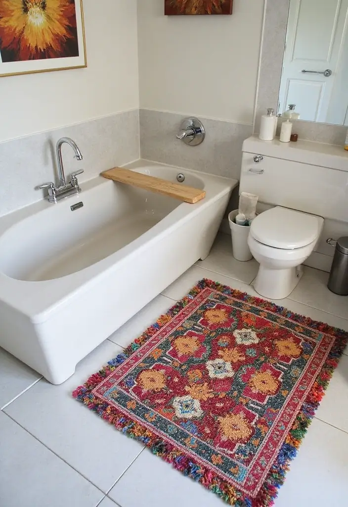 27 Mexican Style Bathroom Ideas Full Of Color - 19. Statement Bath Mats