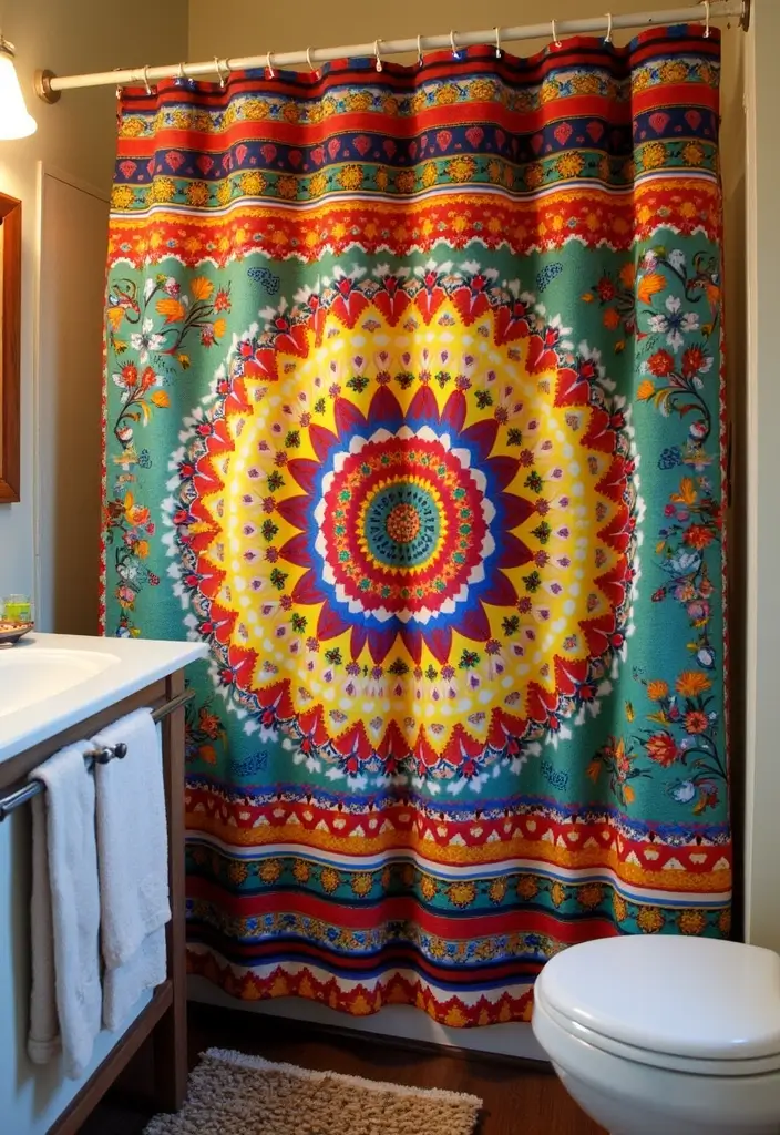 27 Mexican Style Bathroom Ideas Full Of Color - 2. Vibrant Shower Curtains
